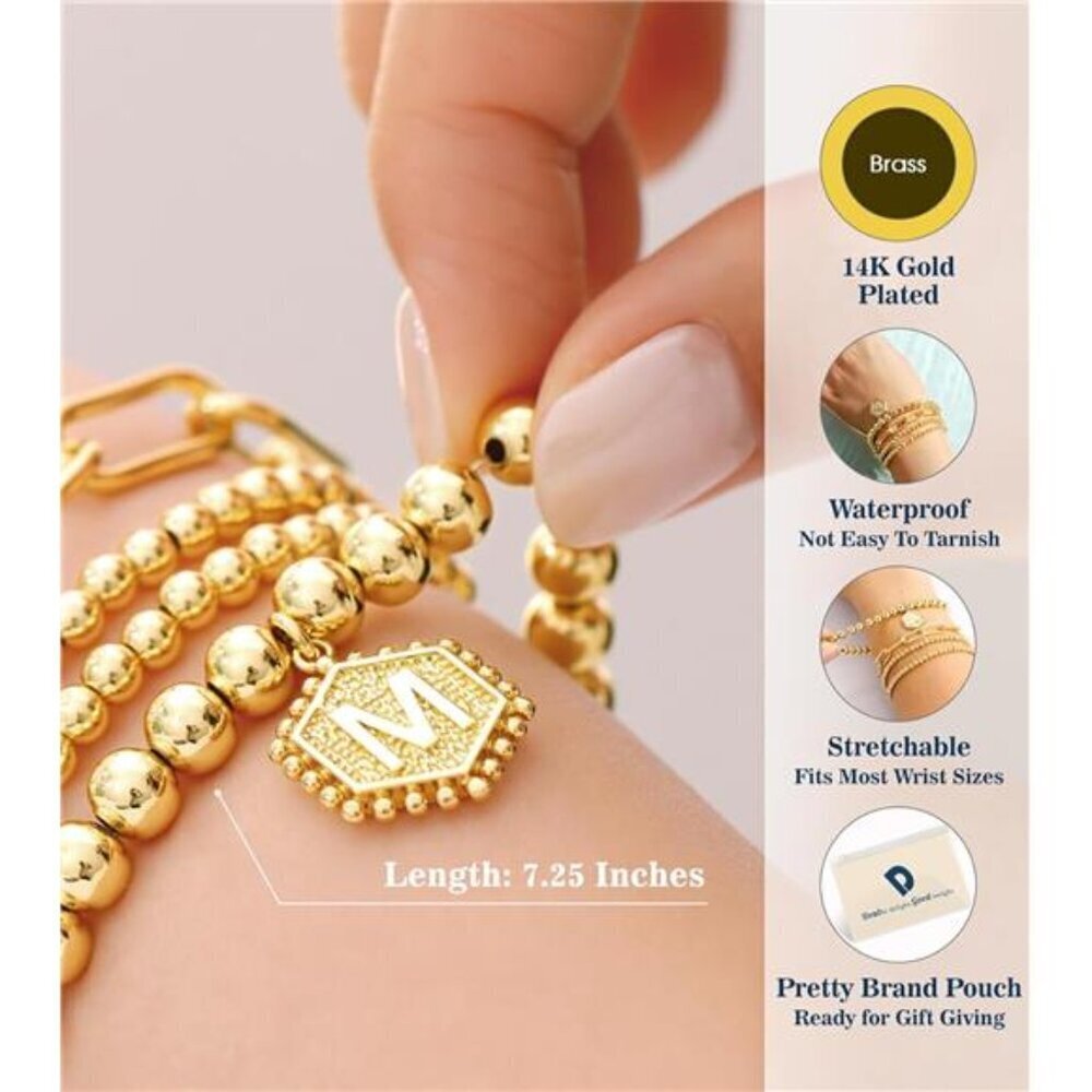 Stackable Gold Bracelets for Women, 4-Piece Initial Charm Set - Picture 5 of 7